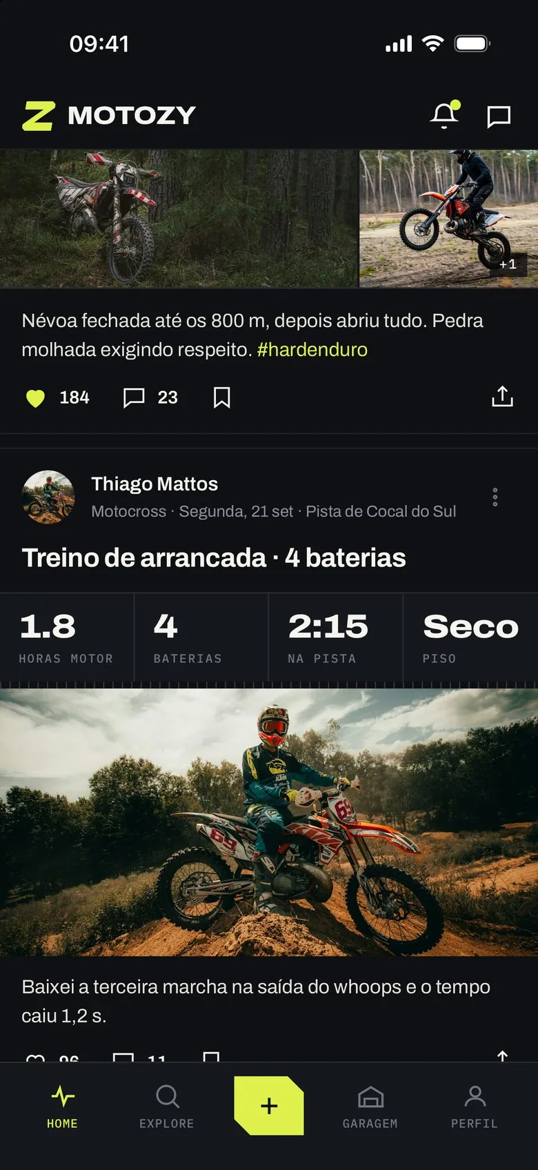 Card de treino de motocross com 4 baterias, tempo de pista e piso